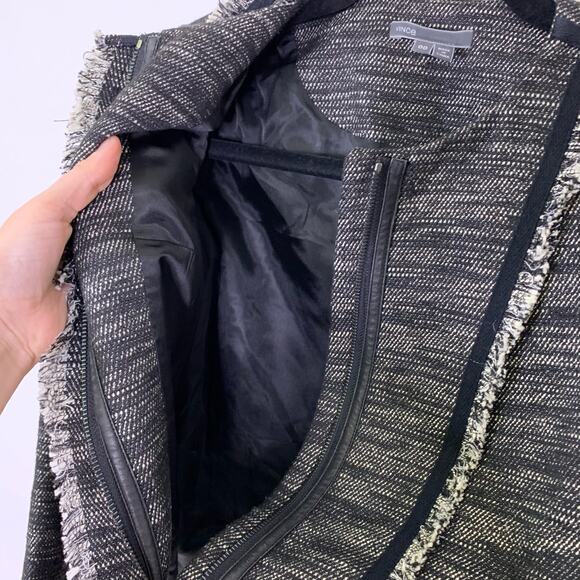 Vince Tweed Jacket 00 Zip Fringe Heather Black Gray Leather Trim V2876-90769 - Picture 7 of 7